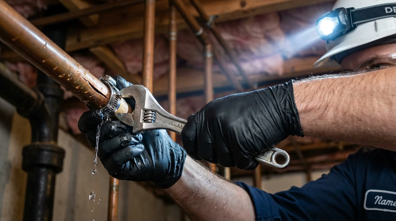 Emergency pipe clamp repair being performed by a Johns Plumbing LLC plumber in Canton